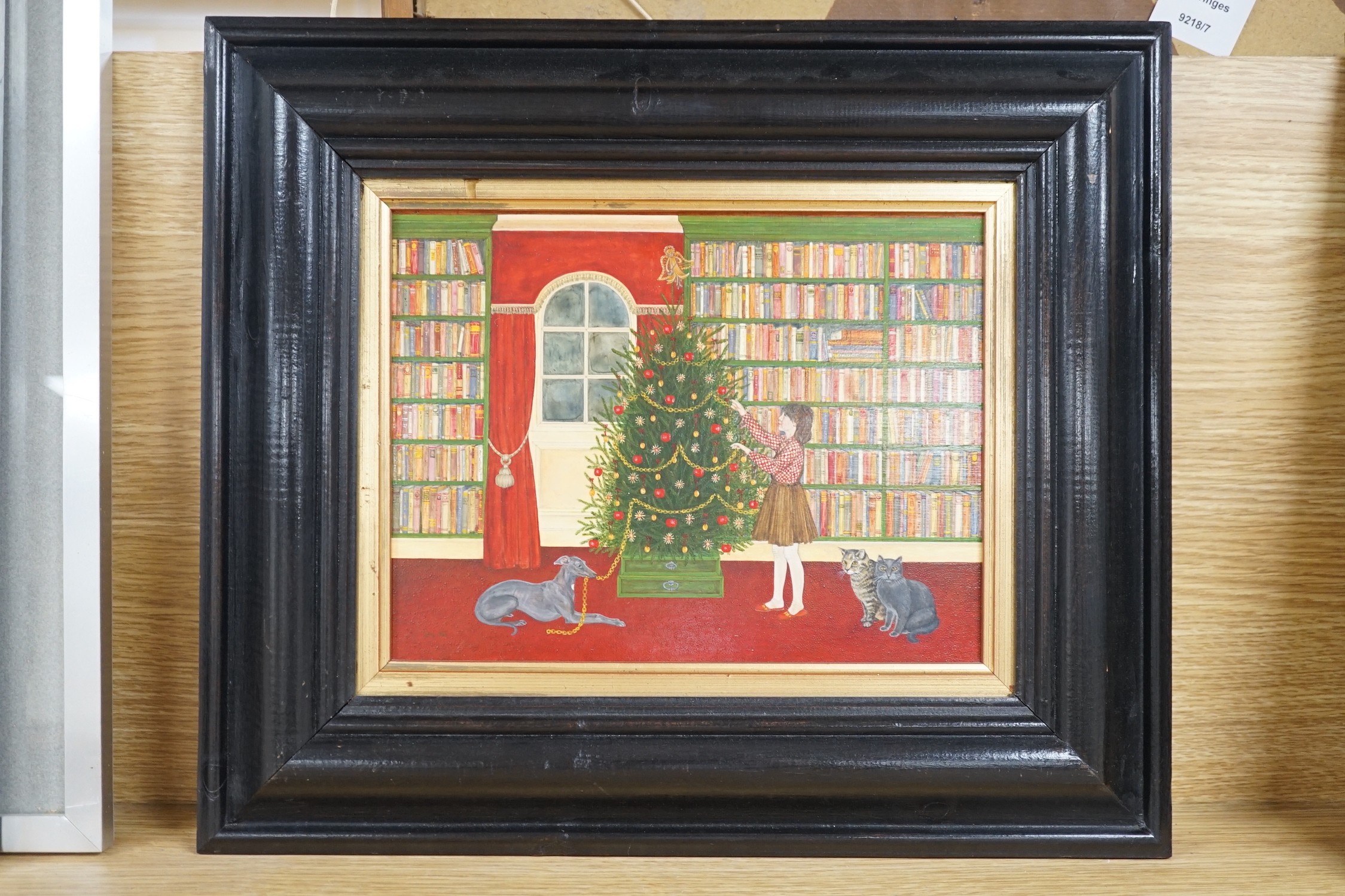 Modern British, oil on board, 'Dressing the Christmas Tree', initialled DTG and dated 1983, 19 x 24.5cm